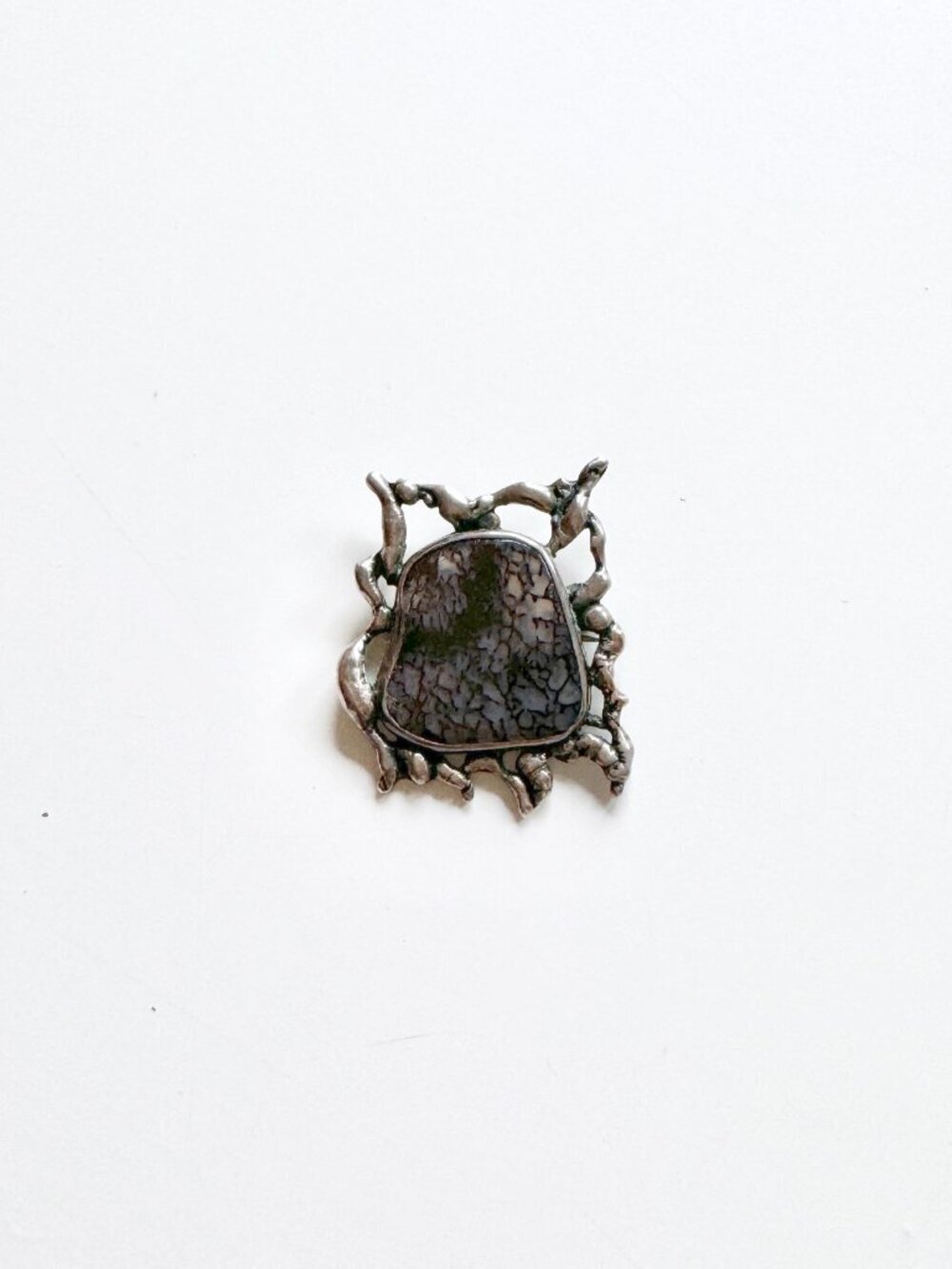 Vintage MK Sterling Silver Brutalist Modernist Purple Agate Brooch Pendant